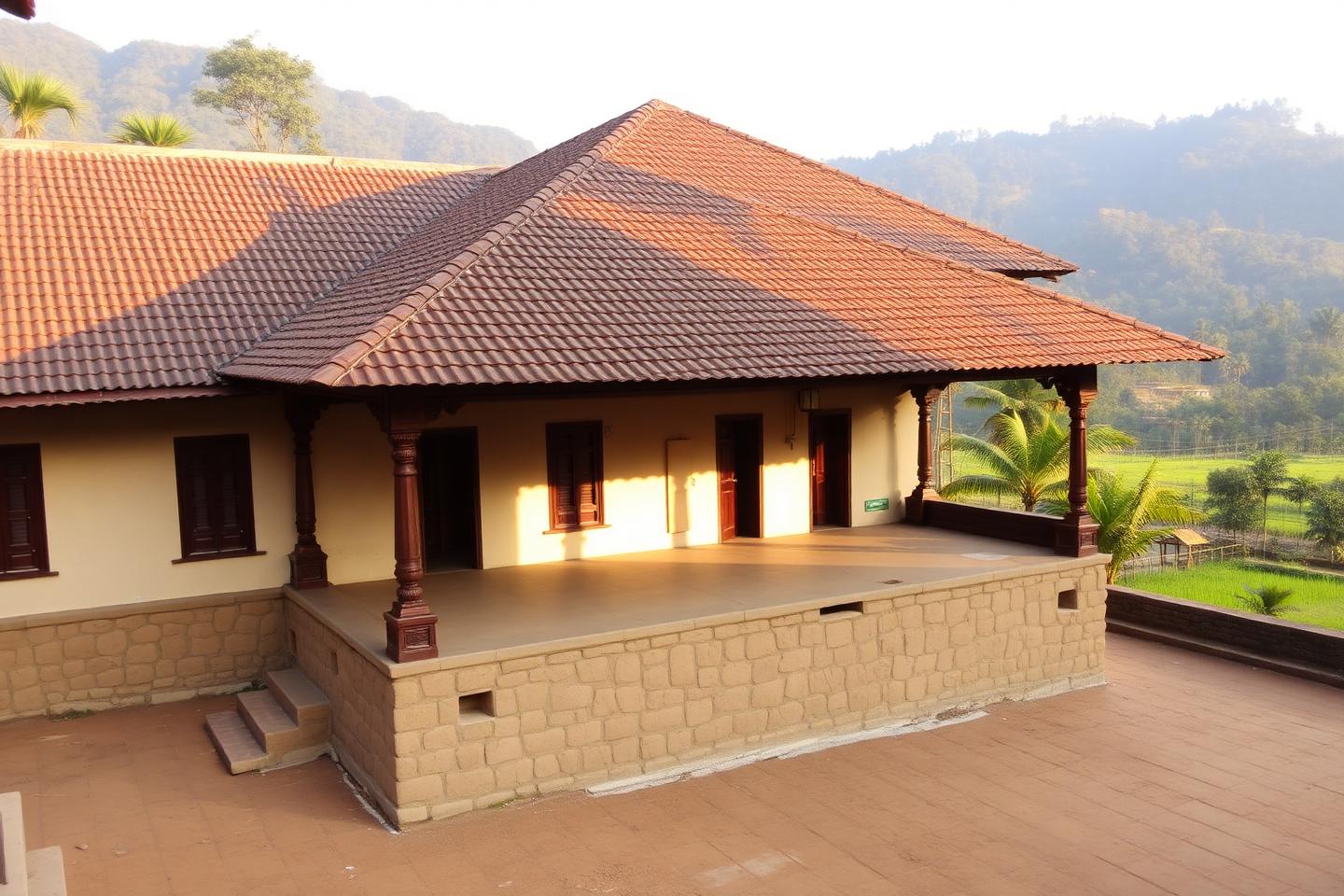 A large traditional courtyard house with tiled roofs and a wide verandah