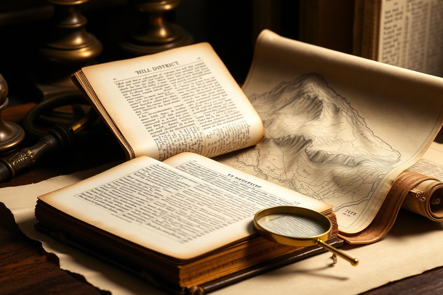 Old books, manuscripts and papers stacked on a desk
