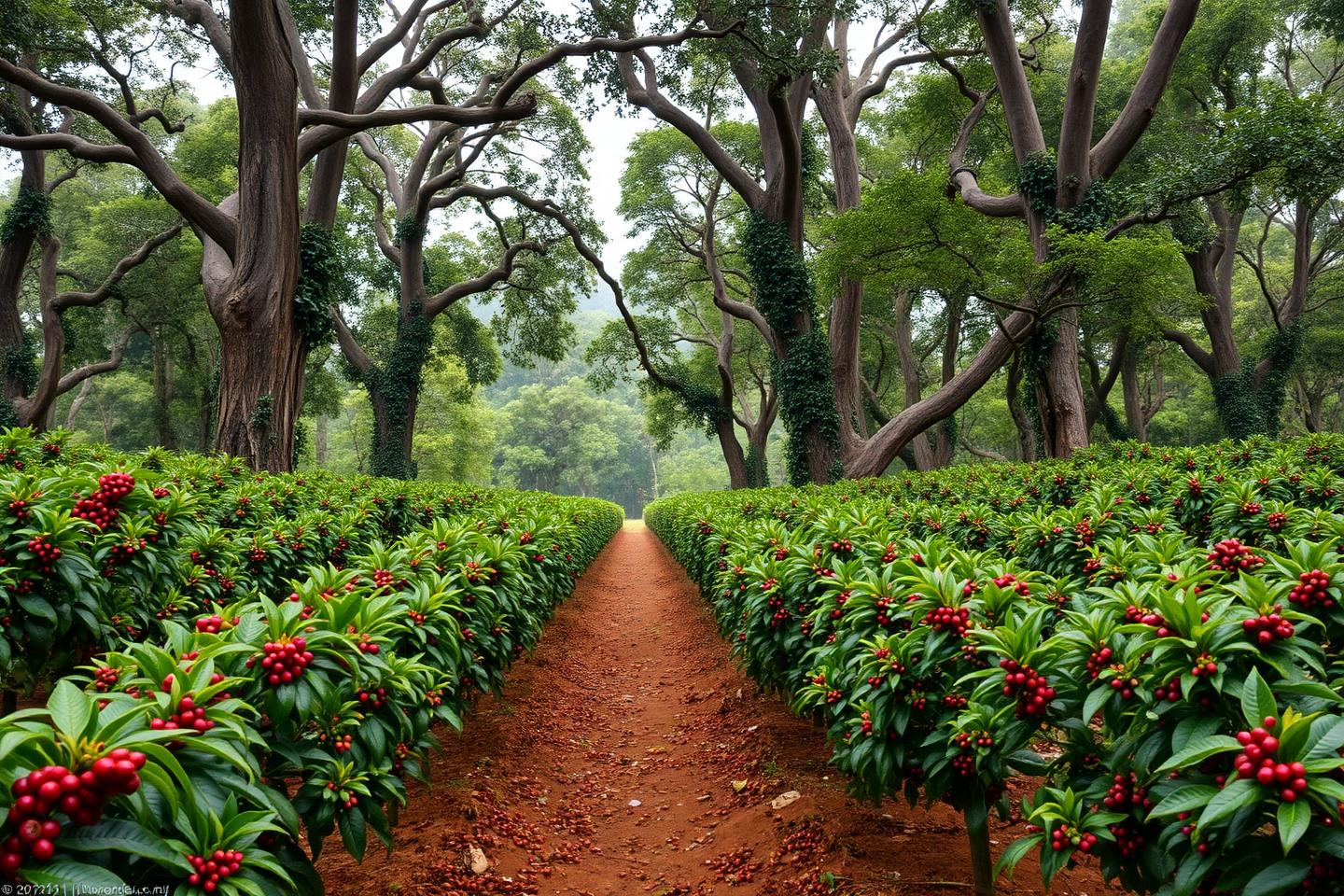 Rows of coffee bushes growing in the shade of tall trees on a slope