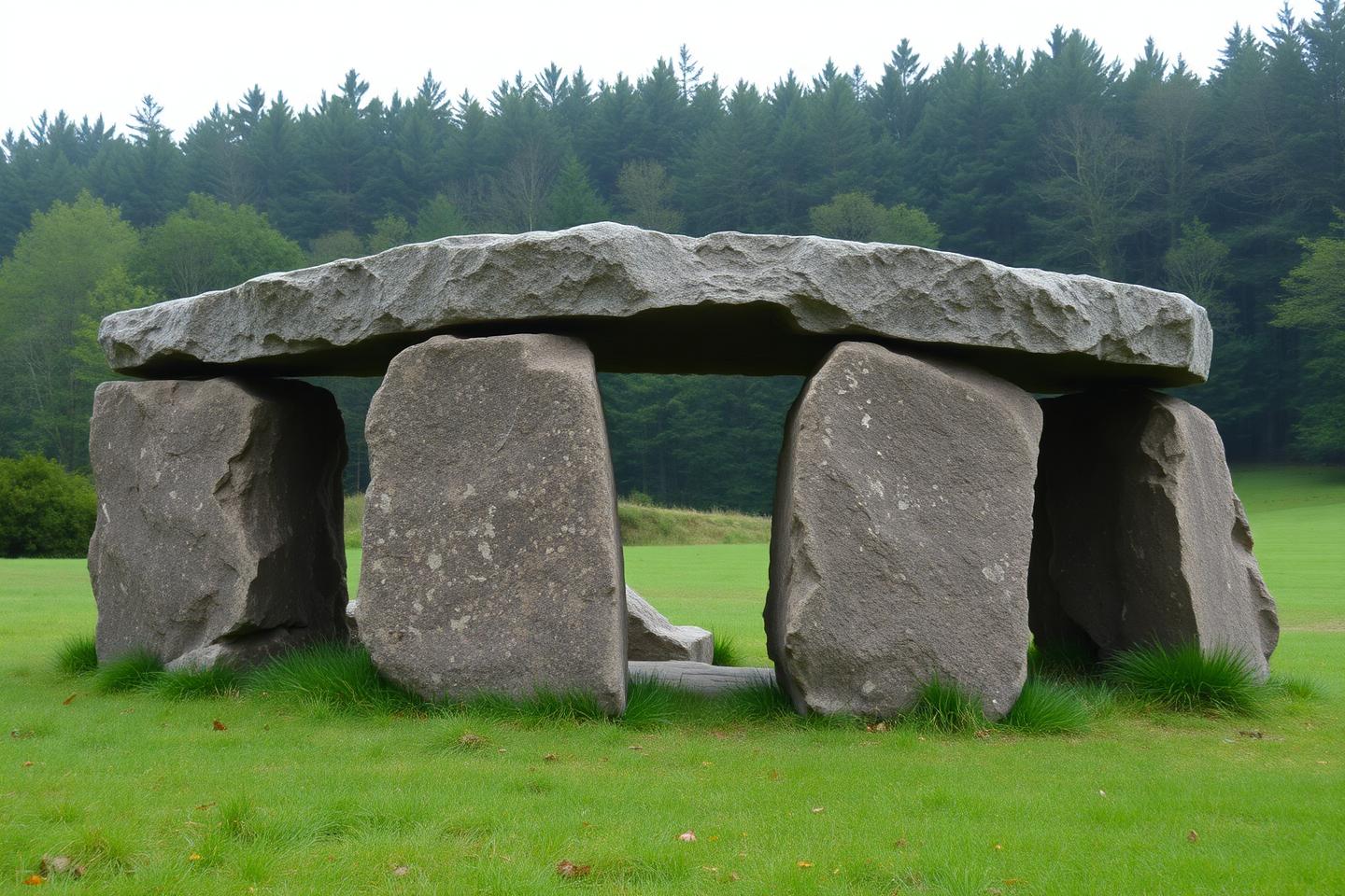 A dolmen of upright stone slabs capped by a horizontal slab in grassland
